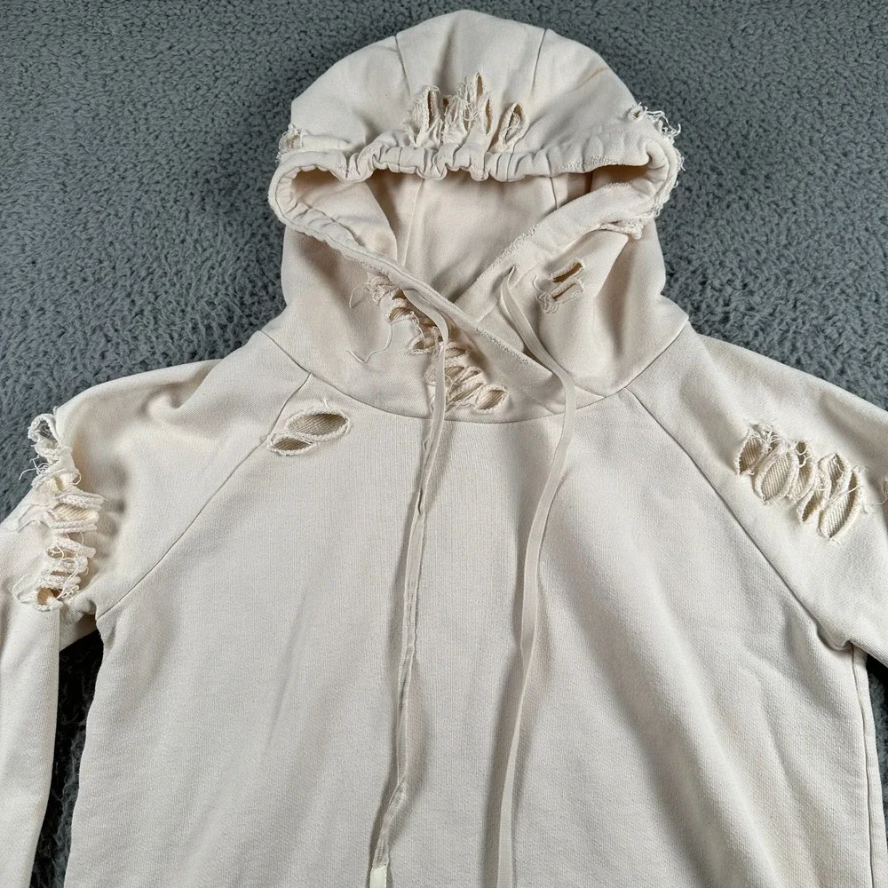 ALO Hoodie Distressed Shredded Beige Womens XS Sweatshirt Ripped‎ Style Flaw